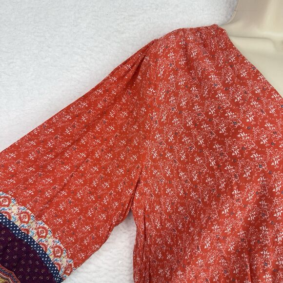 Black Note Boho Peasant Tunic Top‎ Women’s XL Orange Floral Border Print Peplum - Picture 6 of 15